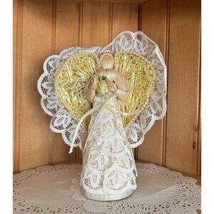 Handcrafted Straw Lace Angel Figurine Gold Trim Vintage Christmas Table Decor